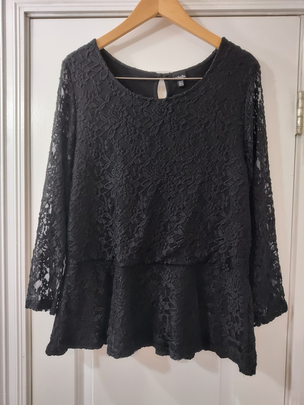 Rafaella Black Lace Peplum Lined Top with 3/4 Sleeves Fairy Witchy Goth Office